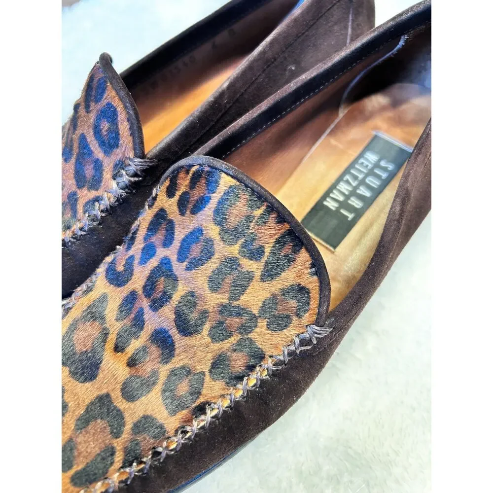 STUART WEITZMAN Brown Suede Animal Leopard Calf Hair Square Toe Loafers - Picture 8 of 9